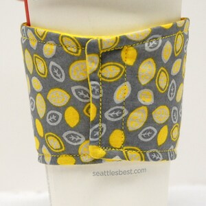 Coffee Cozy/Cup Sleeve Eco Friendly Slip-on, Teacher Gift, Co-Worker Gift, Buy any 4 get 1 free: Tiny Yellow and White Leaves on Gray image 2