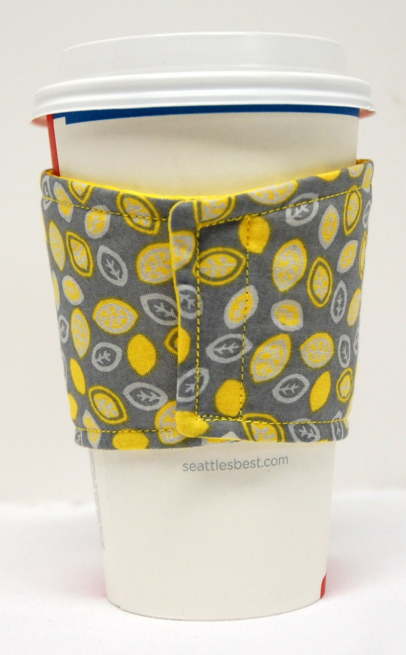 Coffee Cozy/Cup Sleeve Eco Friendly Slip-on, Teacher Gift, Co-Worker Gift, Buy any 4 get 1 free: Tiny Yellow and White Leaves on Gray image 2