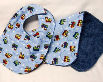 Baby Boy Bib and Burp Cloth Set, Baby Shower Gift, Welcome Baby Gift:  Choo Choo Trains on Blue