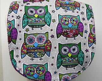 Youth/Junior Girl Bib, Special Needs, Cerebral Palsy, Epilepsy, Retts Syndrome, Drooling, 14-inch neck opening: Green/Purple Owls on Gray