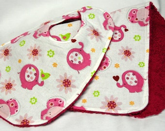 Baby Girl Bib and Burp Cloth Set, 0-3 Month Size, Baby Shower Gift, Welcome Baby Gift: Pink Elephants, Green Birds on White - Pink Reverse