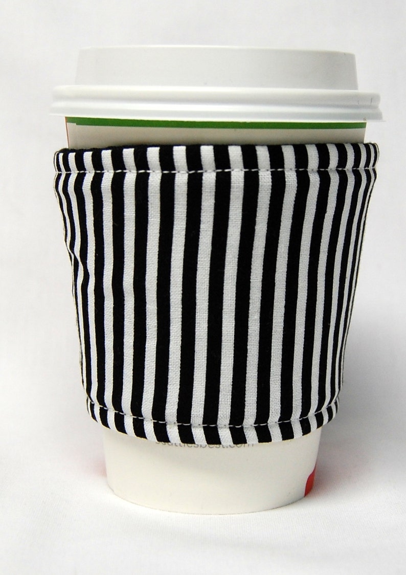 Coffee Cozy/Cup Sleeve Eco Friendly Slip-on, Teacher Appreciation, Co-Worker Gift, Buy any 4 get 1 free: Black and White Stripes image 4