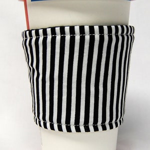 Coffee Cozy/Cup Sleeve Eco Friendly Slip-on, Teacher Appreciation, Co-Worker Gift, Buy any 4 get 1 free: Black and White Stripes image 1