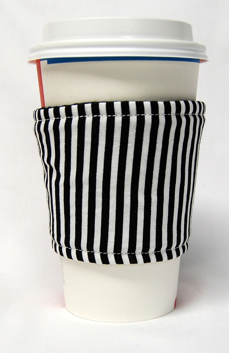 Coffee Cozy/Cup Sleeve Eco Friendly Slip-on, Teacher Appreciation, Co-Worker Gift, Buy any 4 get 1 free: Black and White Stripes image 1