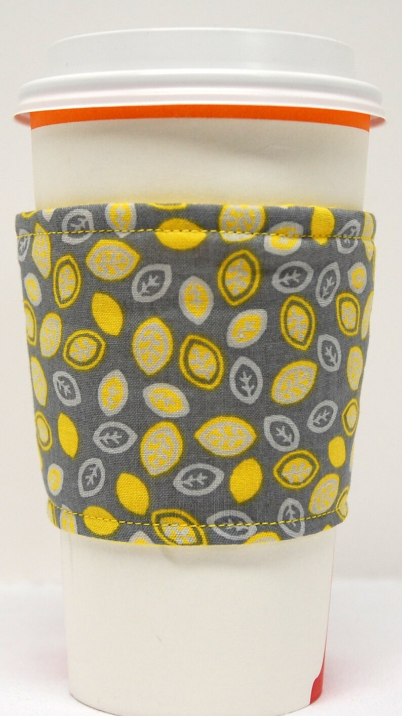 Coffee Cozy/Cup Sleeve Eco Friendly Slip-on, Teacher Gift, Co-Worker Gift, Buy any 4 get 1 free: Tiny Yellow and White Leaves on Gray image 3