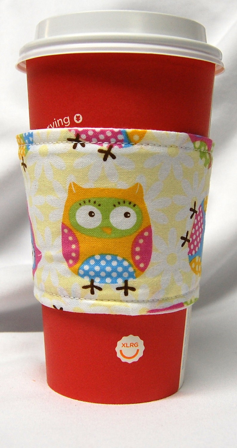 Coffee Cozy/Cup Sleeve, Eco Friendly, Slip-on, Teacher Appreciation, Co-Worker Gift, Buy any 4 get 1 free: Owls on White image 3