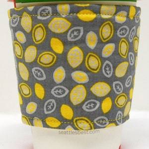 Coffee Cozy/Cup Sleeve Eco Friendly Slip-on, Teacher Gift, Co-Worker Gift, Buy any 4 get 1 free: Tiny Yellow and White Leaves on Gray image 4