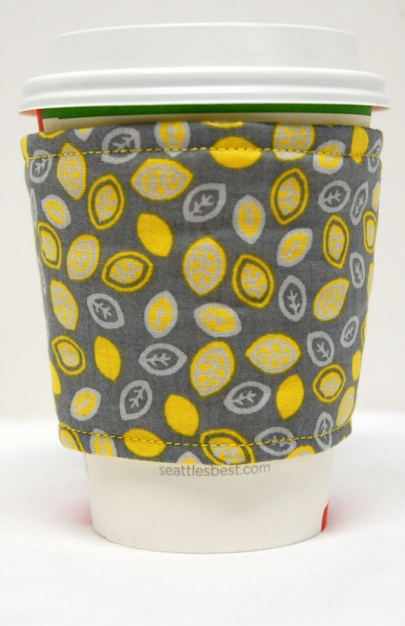Coffee Cozy/Cup Sleeve Eco Friendly Slip-on, Teacher Gift, Co-Worker Gift, Buy any 4 get 1 free: Tiny Yellow and White Leaves on Gray image 4