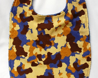 Youth/Junior Bib, Special Needs, Cerebral Palsy, Drooling, Epilepsy, Seizures, Autism 14-inch neck opening:  Tan, Gold and Blue Camo