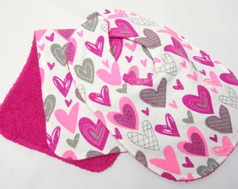 Baby Girl Bib and Burp Cloth, Baby Shower Gift, Welcome Baby Gift, New Mom Gift:  Funky Pink, Magenta and Gray Hearts on White