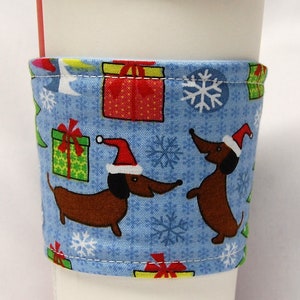 Christmas-Coffee Cozy/Cup Sleeve Eco Friendly Slip-on, Teacher Appreciation, Co-Worker, Bulk Discount: Xmas Doxy, Dachshund, Presents, Trees image 3