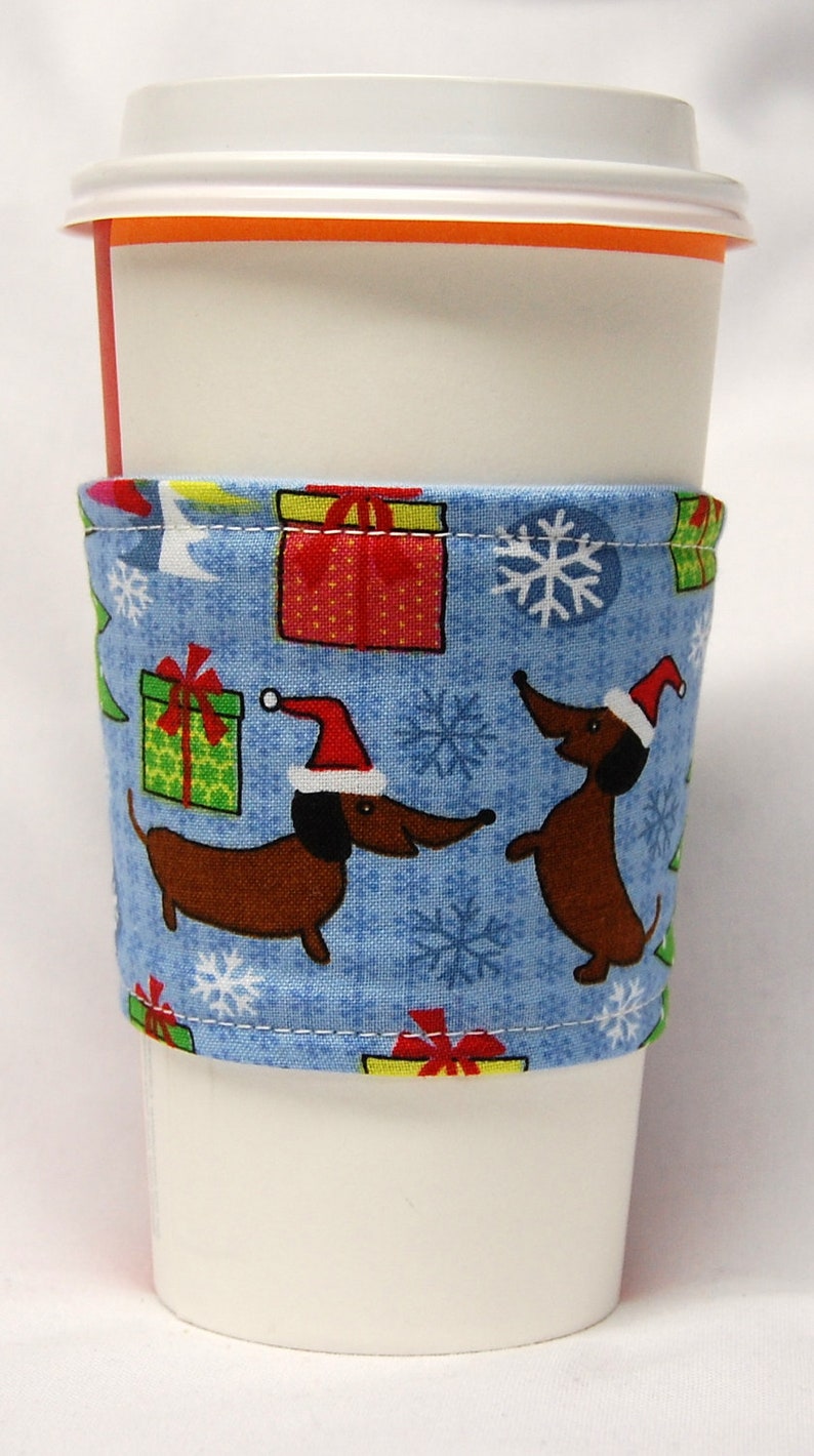 Christmas-Coffee Cozy/Cup Sleeve Eco Friendly Slip-on, Teacher Appreciation, Co-Worker, Bulk Discount: Xmas Doxy, Dachshund, Presents, Trees image 3