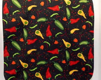 Adult Bib, Rib Bib, Clothing Protector/Shield/Make-up Bib-Long Length: Colorful Peppers on Black/Black Twill Reverse