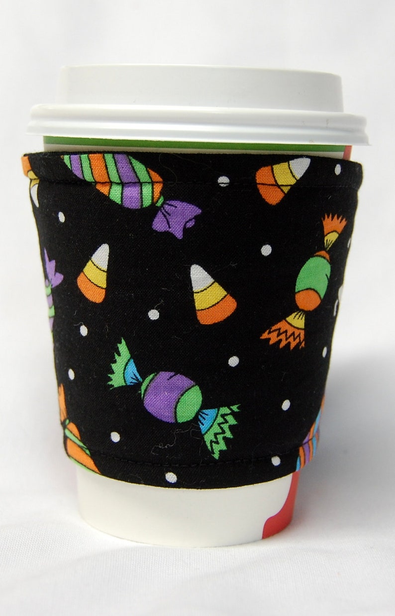 Coffee Cozy, Cup Sleeve, Eco Friendly, Slip-on, Teacher Appreciation, Co-Worker Gift, Bulk Discount, Party Favor: Colorful Halloween Candies image 4