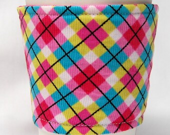 Coffee Cozy/Cup Sleeve, Eco-Friendly, Slip-on, Teacher Appreciation, Co-Worker Gift, Buy any 4 get 1 free: Pink, Teal, and Yellow Argyle