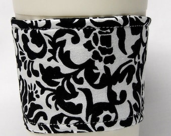 Coffee Cozy/Cup Sleeve Eco Friendly Slip-on, Teacher Appreciation, Co-Worker Gift, Bulk Discount: Black and White Damask