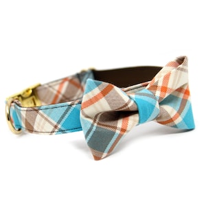 Fall Plaid Bow Tie Collar | Blue and Tan Bow tie Dog Collar | Personalized Bow Tie Collar | Custom Engraved Dog Collar | Harvest Plaid