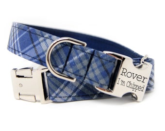 Blue and Gray plaid Dog Collar | Personalized Blue Plaid Collar | Custom Dog Collar