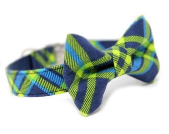Bow Tie Collar | Personalized Bow Tie Collar | Blue & Green Plaid Collar | Plaid Collar |Custom Collar | Adjustable Collar | Peacock Plaid