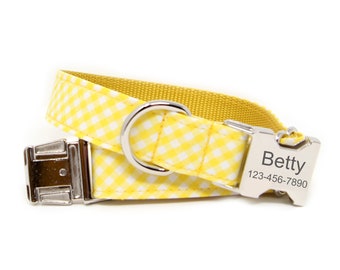 Yellow Gingham Dog Collar | Personalized Dog Collar | Collar with Name | Custom Plaid Collar | Yellow Gingham Collar | Summer Collar