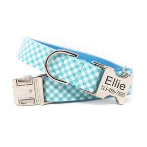 Custom Dog Collar | Gingham Dog Collar | Collar with Name| Blue Plaid Collar | Personalized Collar | Dog Mom | Leash | Aqua Gingham