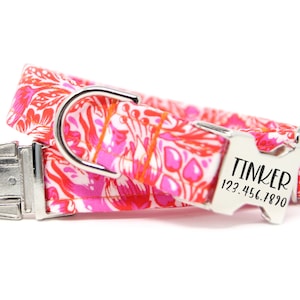 Personalized dog collar, custom pink and orange floral accessory for casual outings, perfect for gifting, engraved buckle option, out foxed