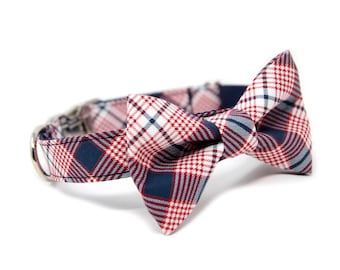 Checkered Bow Tie Collar | Plaid Dog Collar | Boy Dog Collar | Personalized Bow Dog Collar | Patriotic Dog Collar | Red Blue Plaid BowTie