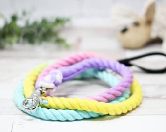 Rope Leash | Cotton Rope Dog Leash | Ombre Rope Leash | Big Dog Rope Leash | Cotton Dog Leash | Rainbow Ombre Lead with Leather Handle