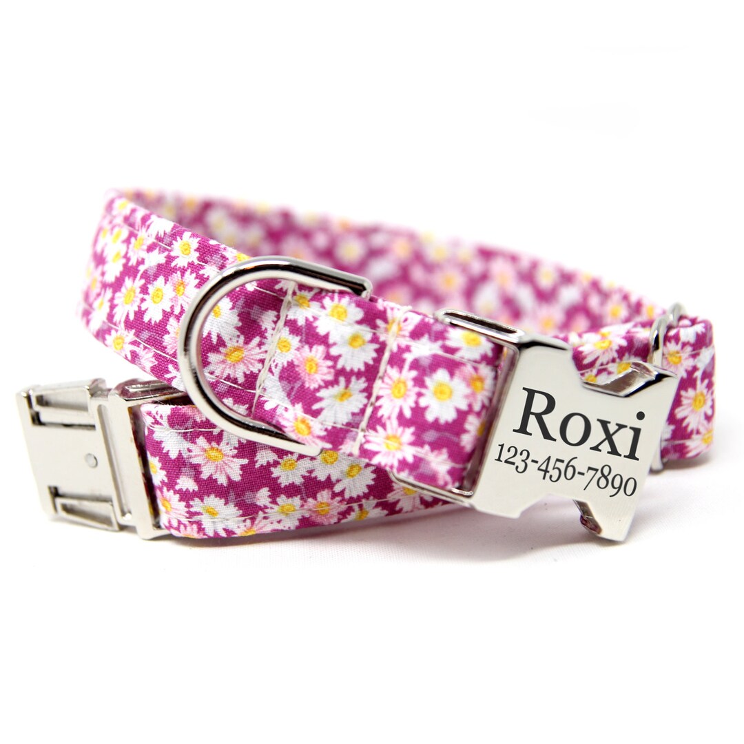 Pink Flower Dog Collar White Daisy Dog Collar Engraved Etsy