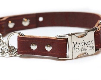 Leather Dog Collar, Engraved Dog Collar - Buckle Chain Martingale