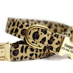 May include: A tan and black leopard print pet collar featuring a gold-toned metal buckle and D-ring. The buckle is engraved with the name Cooper and the phone number 123-456-7890 in a clear, black, sans-serif font on the metal surface.
