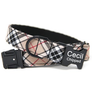Custom Plaid Dog Collar | Personalized Dog Collar | Beige Plaid Dog Collar | Black and Tan Collar