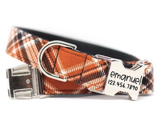 Personalized Plaid Dog Collar | Brown and Black Tartan | Dog Collar with Name | Fall dog Collar | Engraved Buckle Collar | Pumpkin Plaid