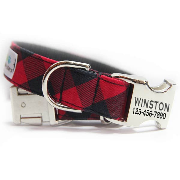 Personalized Plaid Collar | Red Black Buffalo Plaid Dog Collar | Red and Black Check | Buffalo Check | Personalized Buffalo Plaid Collar