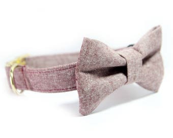 Bowtie Dog Collar - Wedding Collar - Dutsy Rose Collar, Rust Linen Dog Collar