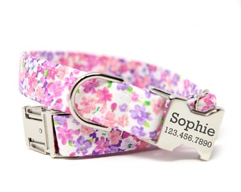 Pink Purple Floral Dog Collar | Engraved Collar | Personalized Pink Floral Dog Collar | Pink and Purple Floral Stripe