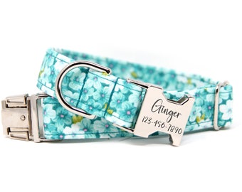 Flower Dog Collar | Custom Collar with Name | Aqua Floral Collar | Spring Collar for Girl Dogs | Puppy Collar | Dog Mom Gift | Aqua Cabana