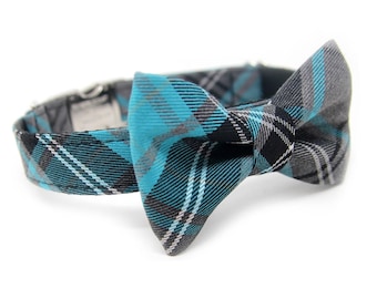Plaid Bow Collar | Blue Plaid Collar | Tartan Bow tie Dog Collar | Personalized Bow Tie Collar | Custom BowTie Collar | Turquoise Tartan Bow