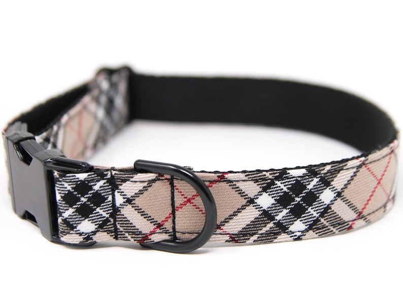 Custom Plaid Dog Collar Personalized Dog Collar Beige Plaid Dog Collar Black and Tan Collar image 2