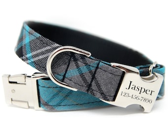 Plaid Dog Collar | Custom Plaid Dog Collar | Collar with Name | Boy Dog Collar| Girl Dog Collar | Engraved Buckle Collar | Turquoise Collar