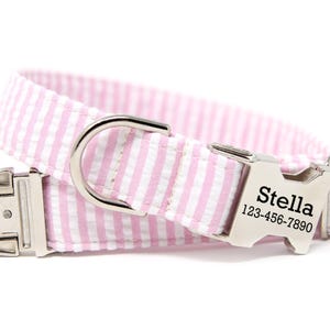 Pink Dog Collar | Personalized Pink Collar | Pink Stripe Seersucker Collar | Girl Dog Collar | Dog Collar with Name | Pink Seersucker stripe