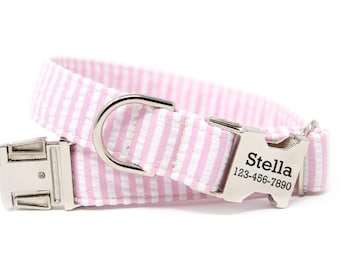 Pink Dog Collar | Personalized Pink Collar | Pink Stripe Seersucker Collar | Girl Dog Collar | Dog Collar with Name | Pink Seersucker stripe
