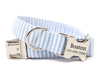 Seersucker Dog Collar Blue Striped Collar | Boy Dog Collar | Personalized Dog Collar | Dog Collar with Name | Blue Seersucker Stripe Collar