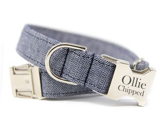 Personalized Dog Collar | Herringbone Collar | Collar with Name | Boy Dog Collar | Custom Dog Collar | Engraved Pet Collar |Blue Herringbone