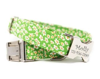 Flower Dog Collar | Dog Collar with name | Green Floral Collar | Personalized Dog Collar | Dog Collar for Girl | Big Dog Collar |Green Daisy