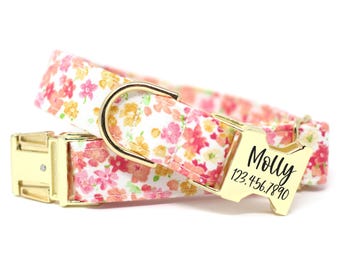 Floral Dog Collar Personalized, Pin and Orange Blooms, Perfect Gift for Dog lovers, Dog collar with name,  Coral Floral Stripe
