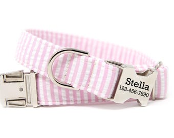 Pink Dog Collar | Personalized Pink Collar | Pink Stripe Seersucker Collar | Girl Dog Collar | Dog Collar with Name | Pink Seersucker stripe