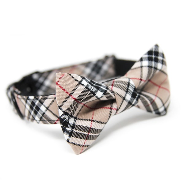 Black and Tan Bow tie Dog Collar, Personalized Bow Tie Collar option, Black and Tan Plaid