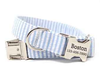Seersucker Dog Collar Blue Striped Collar | Boy Dog Collar | Personalized Dog Collar | Dog Collar with Name | Blue Seersucker Dog Collar