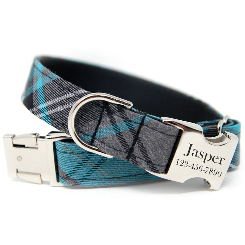 Plaid Dog Collar Custom Plaid Dog Collar Collar with Name Boy Dog Collar Girl Dog Collar Engraved Buckle Collar Turquoise Collar image 1